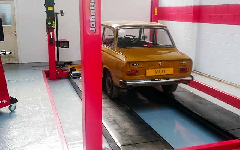 a very old wonderful daf car being mot tested at excels chesterfield mot testing center